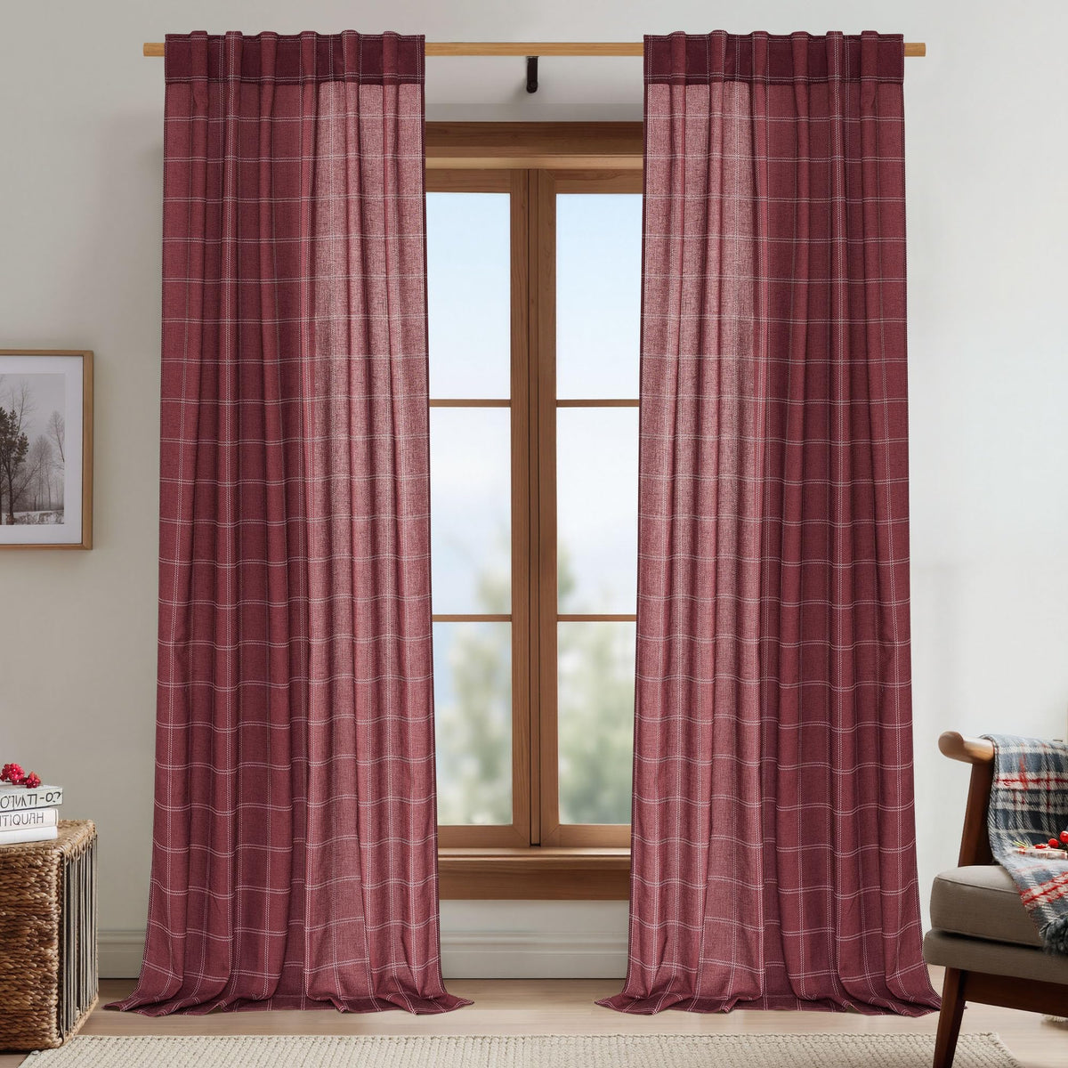 NICETOWN Moss Green Linen Plaid Curtains 96 inches Long for Bedroom