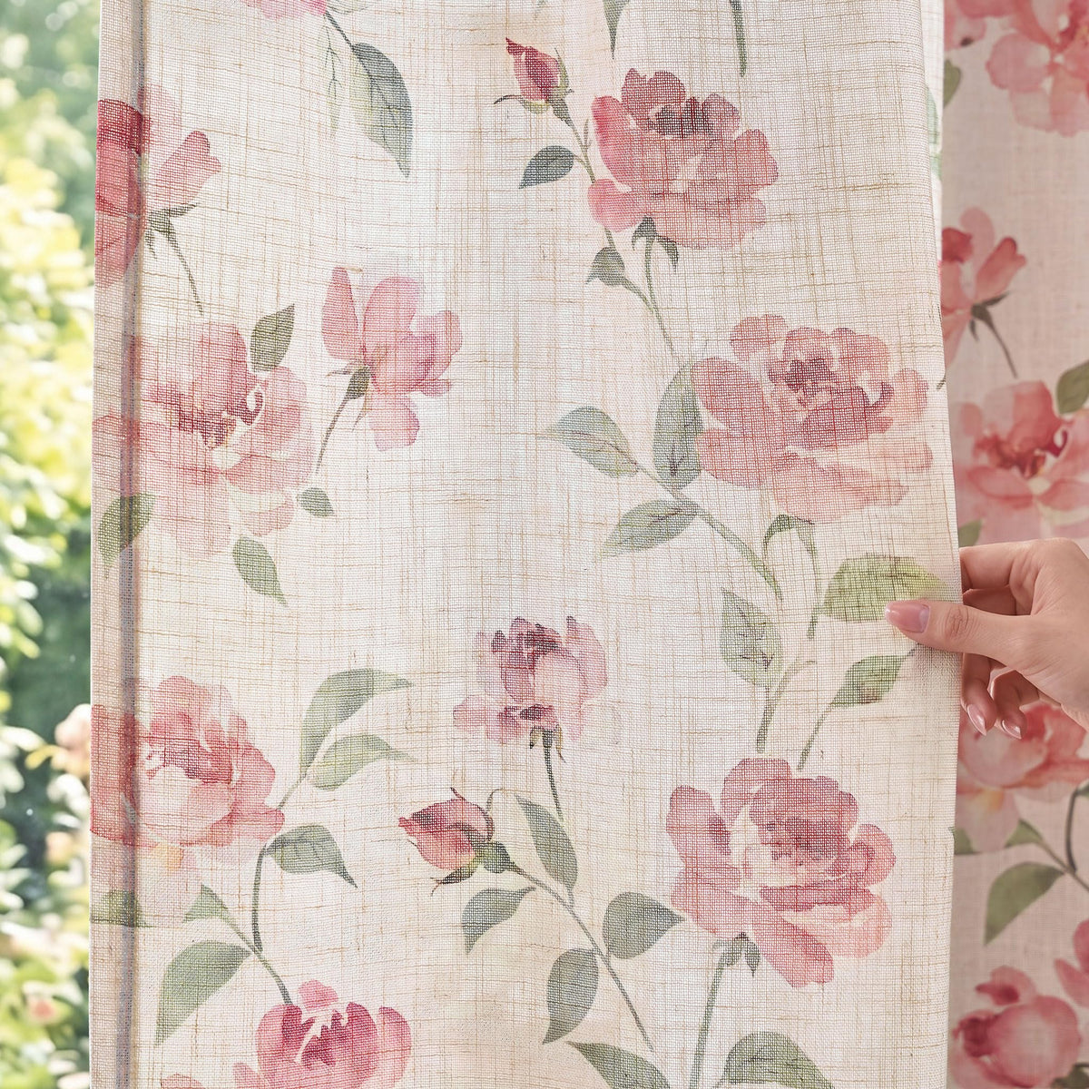 jinchan Beige Floral Linen Curtains 84 Inch Farmhouse Back Tab 2 Panels