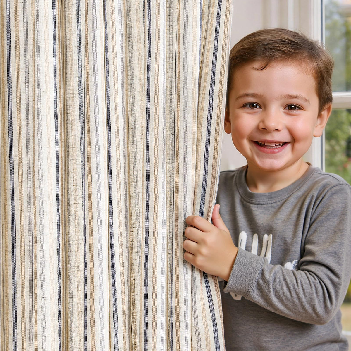 jinchan Linen Curtains 84 Inch Taupe Grey Stripe on Beige Grommet 2 Panels
