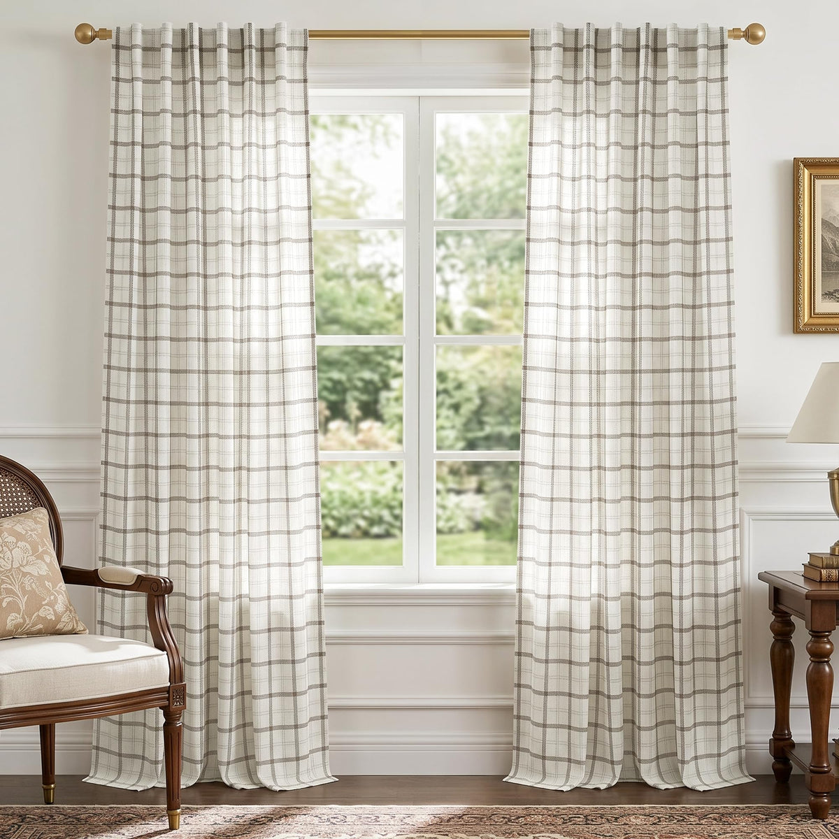 NICETOWN Moss Green Linen Plaid Curtains 96 inches Long for Bedroom