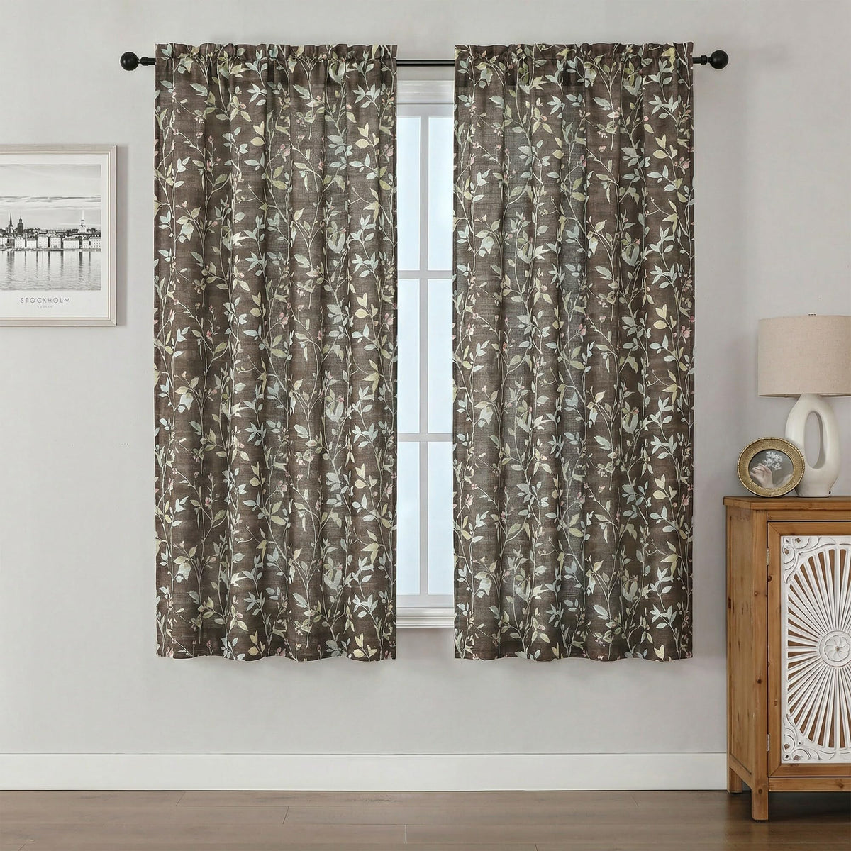 Chyhomenyc Roman Linen Blend Curtains 45 Inch Length 2 Panels, Light Filtering Soft Airy Leaf Floral Printed Rod Pocket Textured Window Treatment Drapes for Living Room Bedroom, 38Wx45L Inch, 2 PCS
