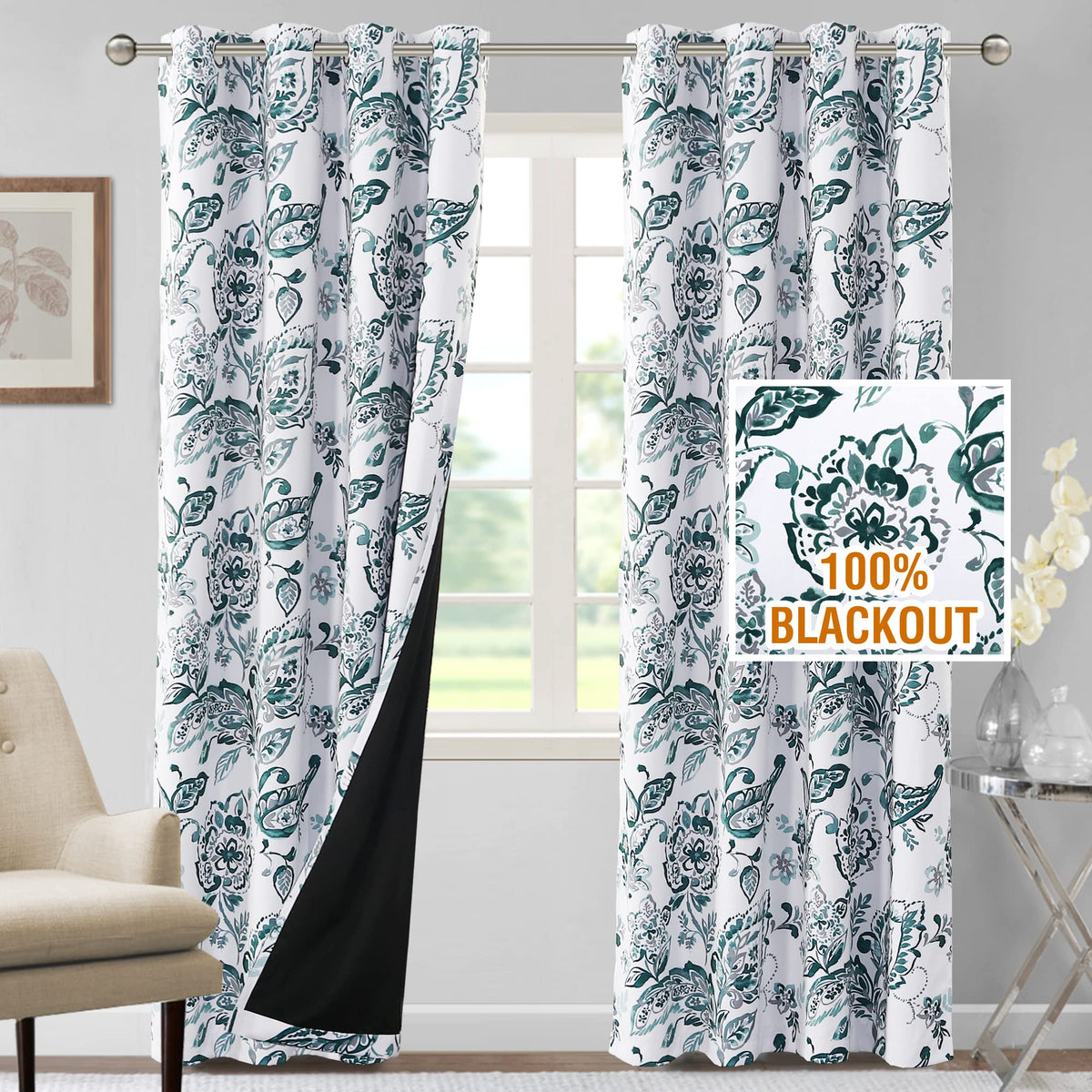 H.VERSAILTEX 100% Blackout Curtains 84 inch Length 2 Panels Set Cattleya Floral Printed Drapes Leah Floral Thermal Curtains for Bedroom with Black Liner Sound Proof Curtains, Grey and Taupe