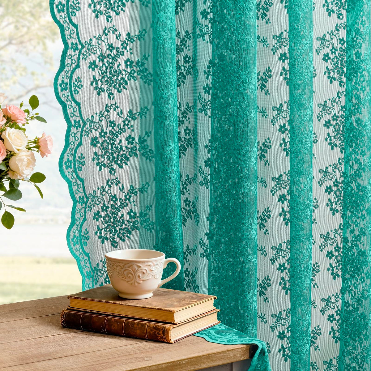 YJ YANJUN Vintage Lace Curtains 84 Inches Long-Victorian Floral Pattern Ivory Sheer Curtain Panels for Living Room Bedroom French Door, Light Filtering Drapes, 2 Panels 52W x 84L Cream