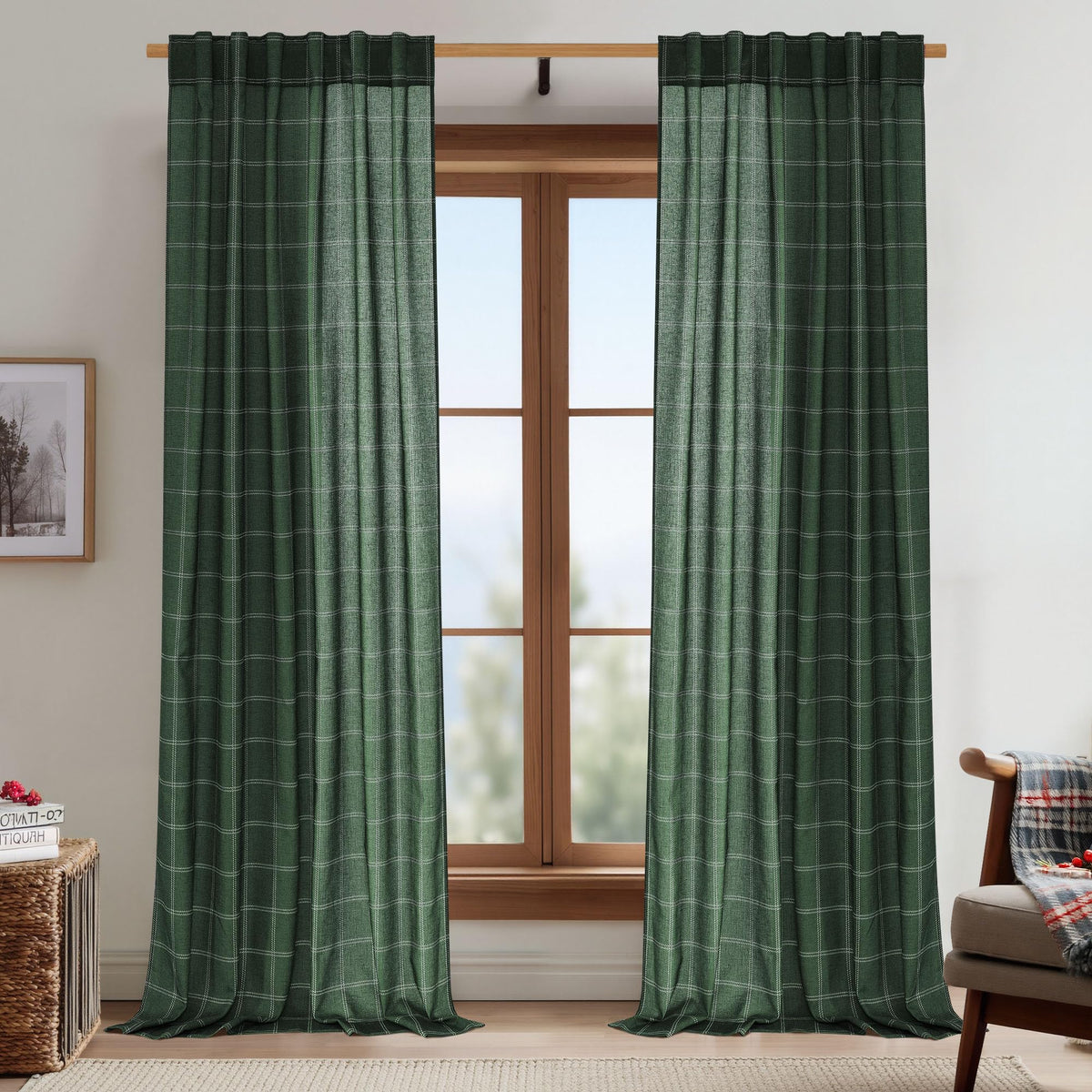 NICETOWN Moss Green Linen Plaid Curtains 96 inches Long for Bedroom