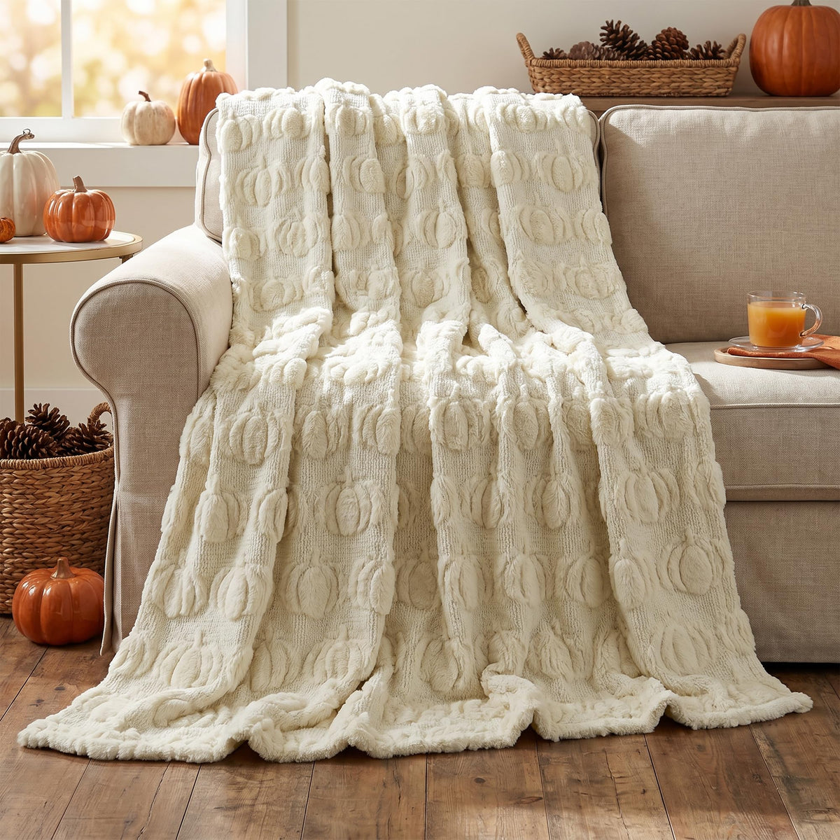 Horaldaily Fall Caramel Orange Pumpkin Faux Fur Throw Blanket 50x60