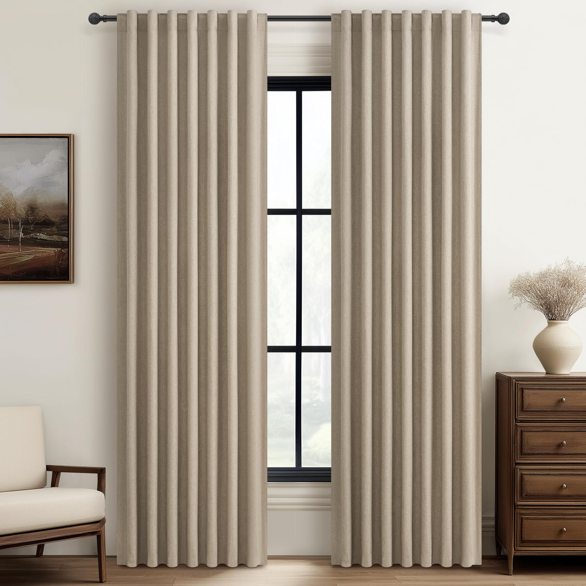 100% Blackout Curtains 84 Inch Length 2 Panels Set Farmhouse Style for Bedroom Windows/Living Room Thermal Insulated Neutral Boho Drapes Linen Blend Natural Ivory 7ft Long Hook Belt Pleated/Back Tab