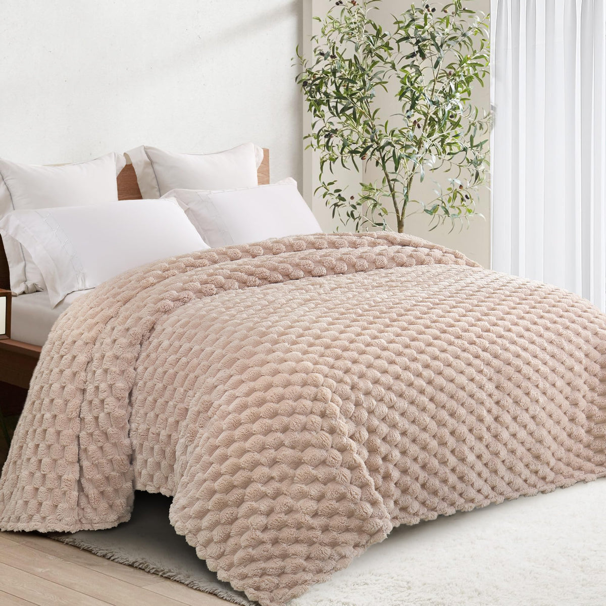 Whale Flotilla Soft 3D Jacquard Fleece Throw Blanket for Couch & Bed, Ivory