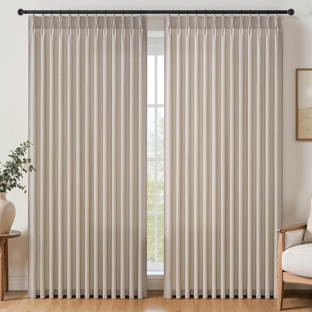 96 Inches Long Pinch Pleated Semi Sheer Curtains,Natural Linen Blended Light Filtering Window Curtains 96 Length for Living Room Bedroom Pinch Pleat Drapes with Hooks 2 Panels 72" Wx96 L