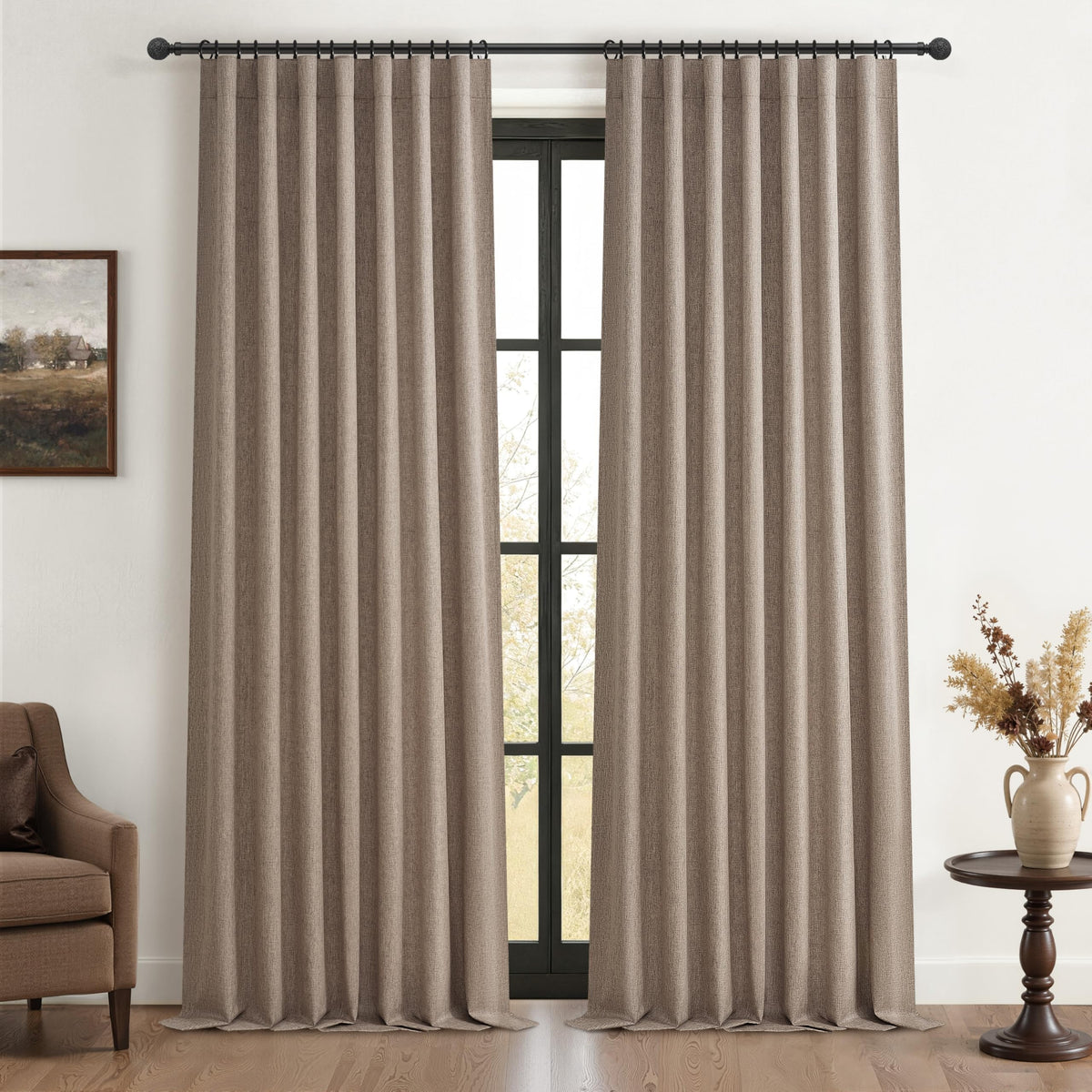 100% Blackout Curtains 84 Inch Length 2 Panels Set Farmhouse Style for Bedroom Windows/Living Room Thermal Insulated Neutral Boho Drapes Linen Blend Natural Ivory 7ft Long Hook Belt Pleated/Back Tab