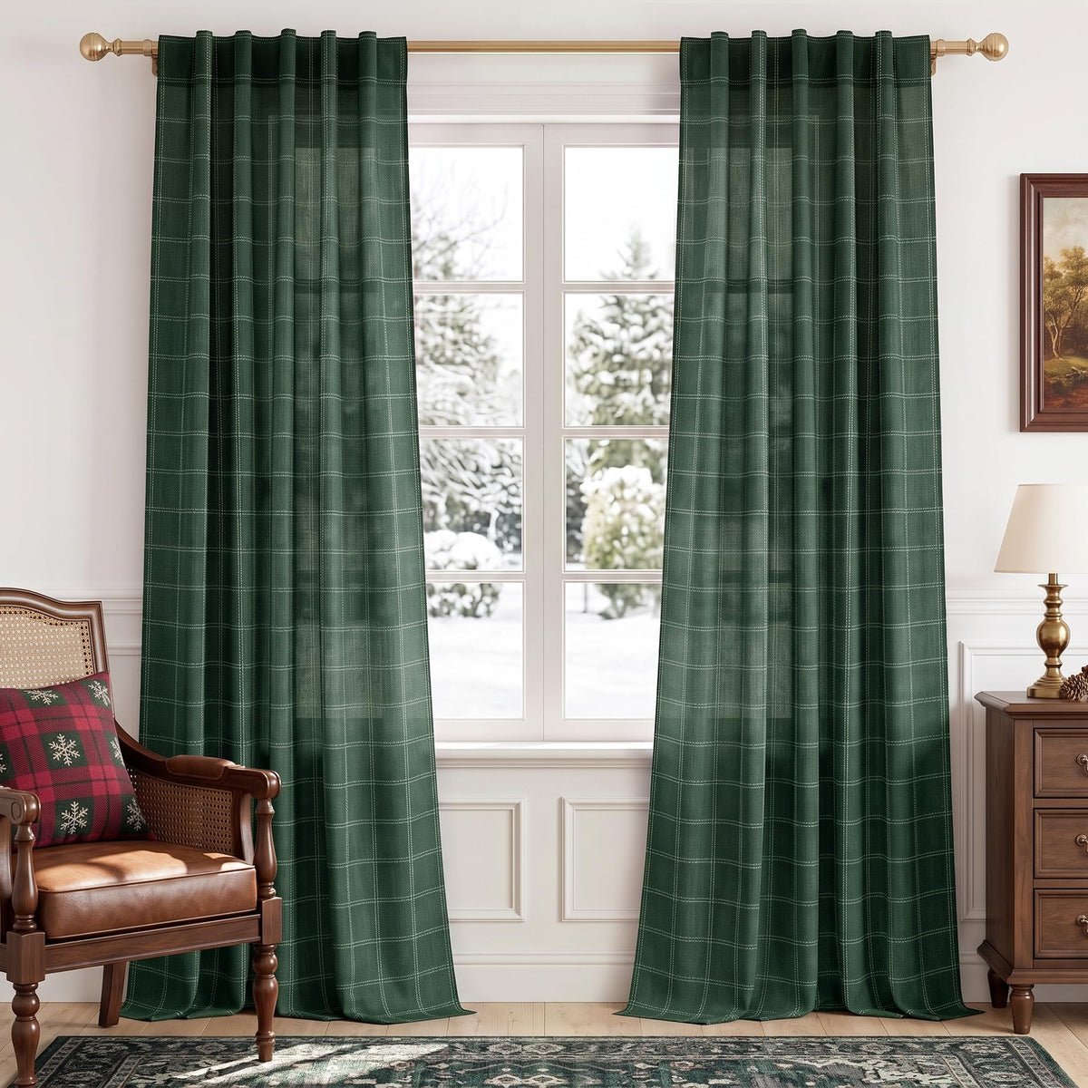 NICETOWN Moss Green Linen Plaid Curtains 96 inches Long for Bedroom