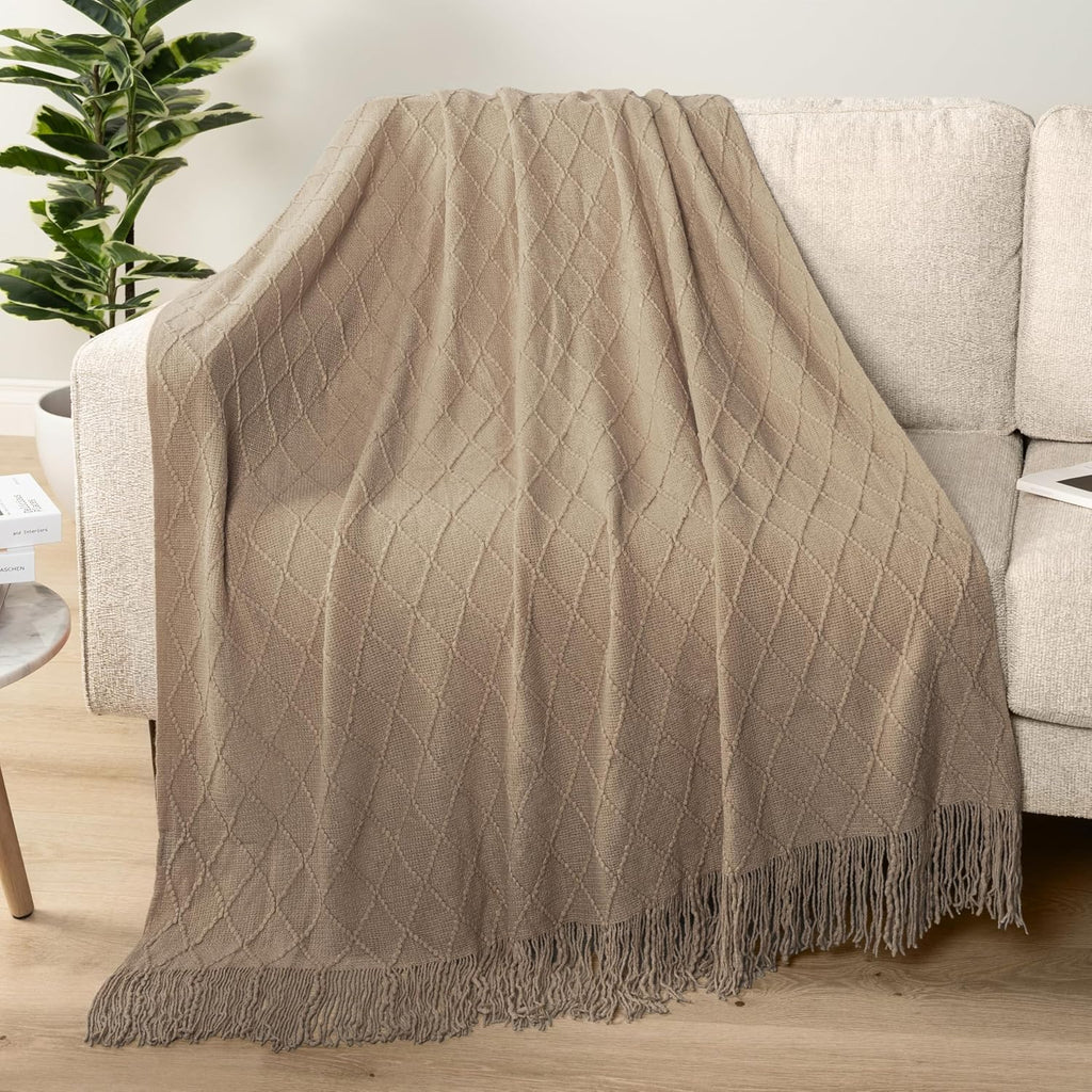 PAVILIA Tan Taupe Knit Throw Blanket, Soft Knitted Farmhouse, 50x60