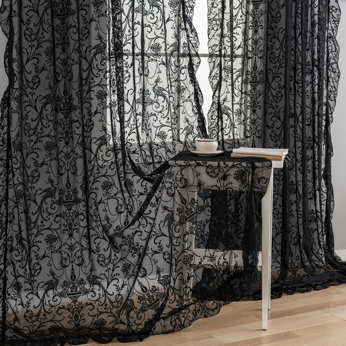 TUDECO Lace Maroon Curtains 96 Inches Long 1 Pair - French Floral Sheer Burgundy Curtains for Living Room, Art Decor Rod Pocket Ruffled Edges Dark Wine Red Drapes, 59 x 96 Inch, Burgundy