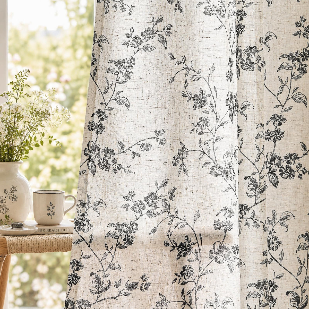 jinchan Taupe Floral Linen Curtains 84 Inch Farmhouse Back Tab 2 Panels
