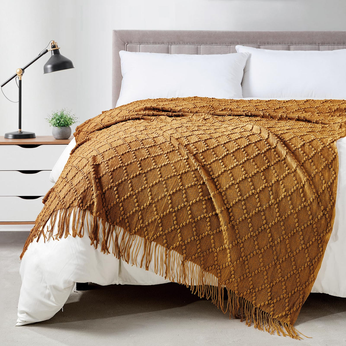 BOURINA Beige Throw Blanket 50x60 Inch Boho Knitted Soft Throw Sofa Blanket