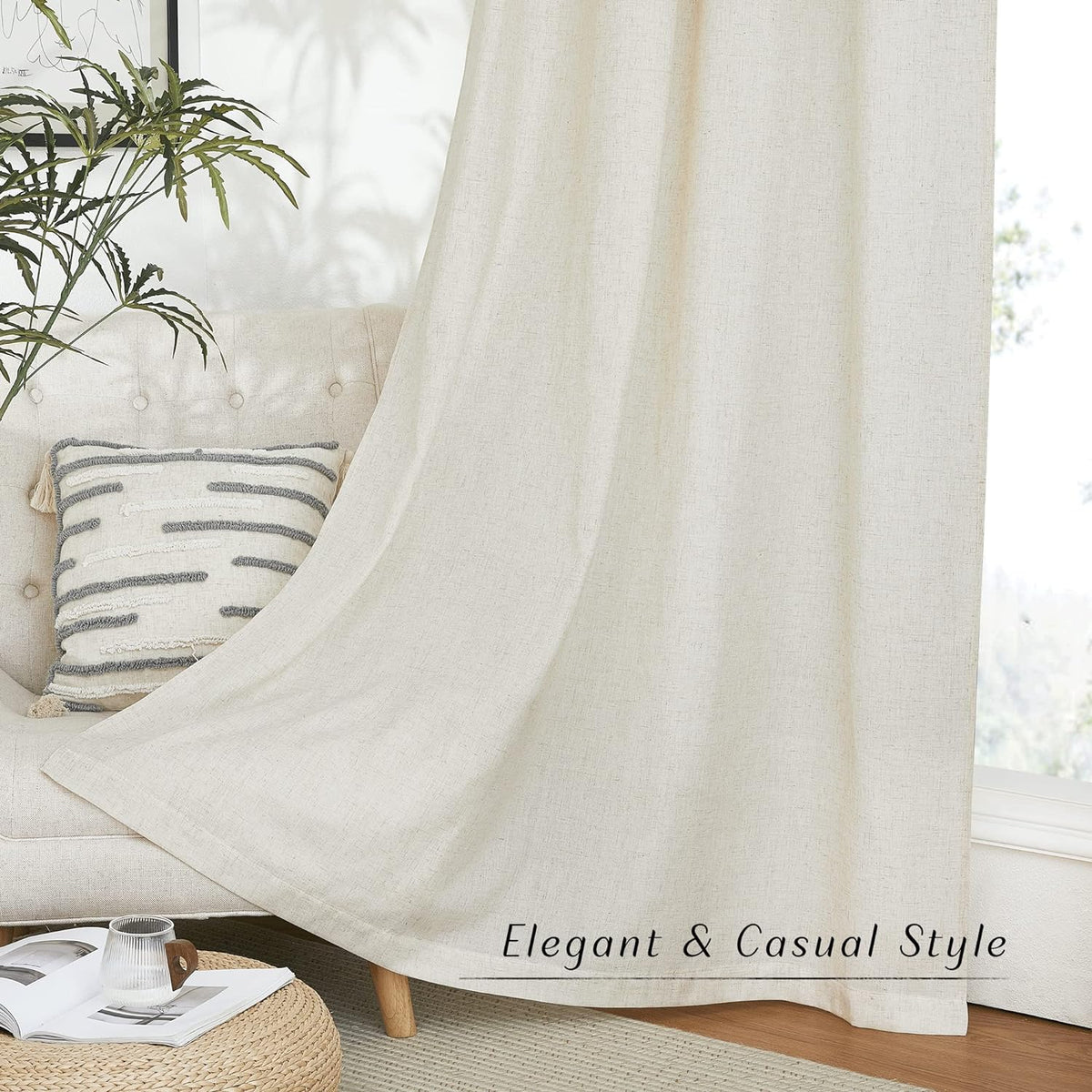 NICETOWN Natural Linen Curtains 84 inch Long 2 Panels Set, Grommet Top Thick Linen Burlap Semi Sheer Vertical Drapes Privacy Assured with Light Filtering for Bedroom/Living Room, W55 x L84