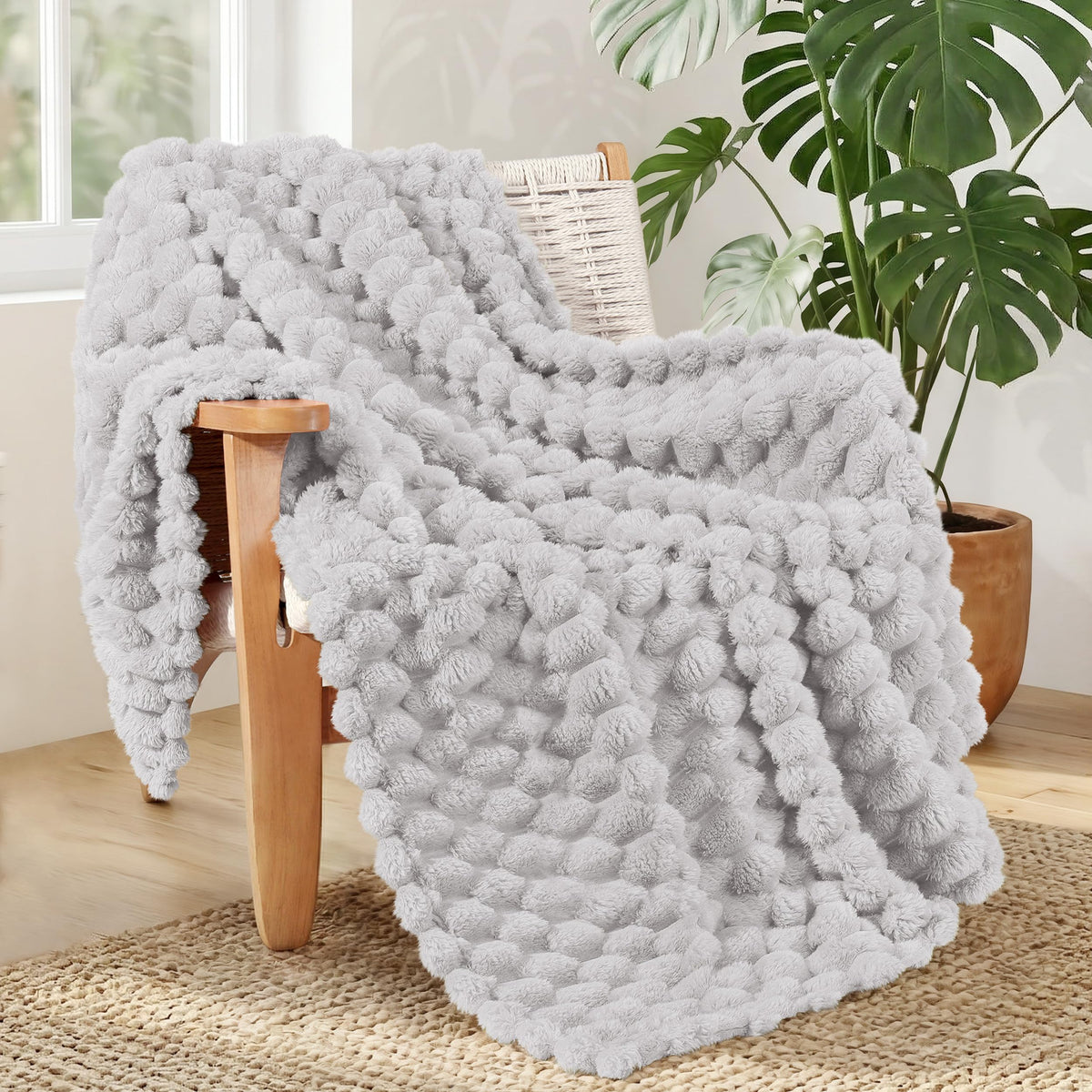 Whale Flotilla Soft 3D Jacquard Fleece Throw Blanket for Couch & Bed, Ivory