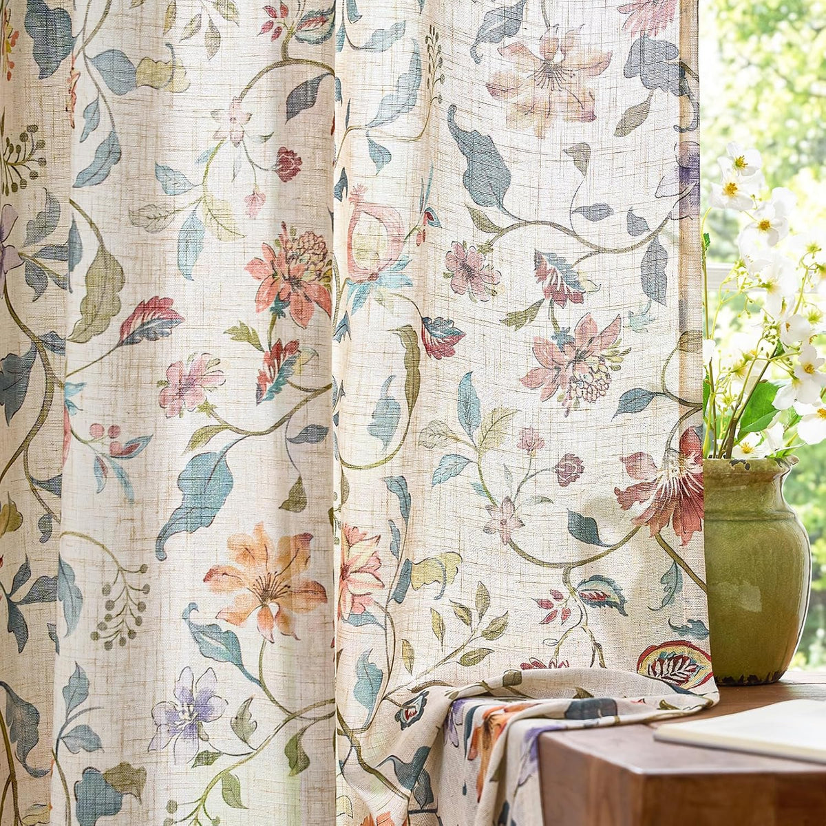 jinchan Beige Floral Linen Curtains 84 Inch Farmhouse Back Tab 2 Panels