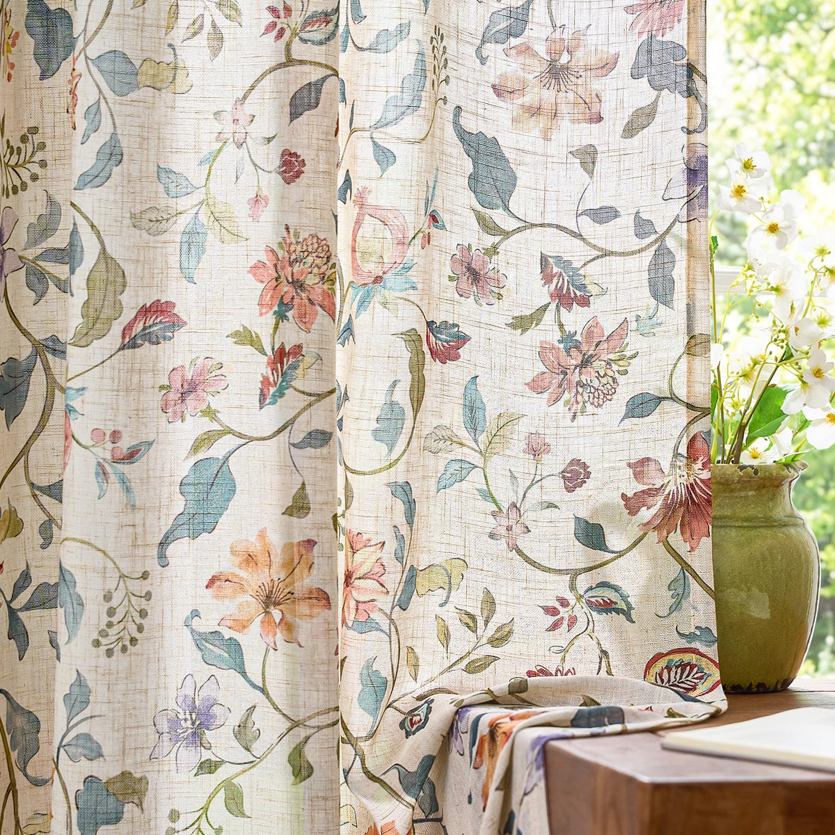 jinchan Beige Floral Linen Curtains 84 Inch Farmhouse Back Tab 2 Panels