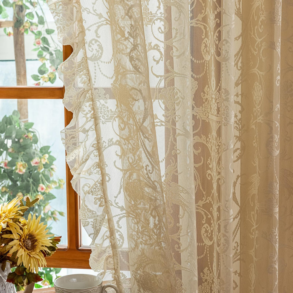 TUDECO Lace Maroon Curtains 96 Inches Long 1 Pair - French Floral Sheer Burgundy Curtains for Living Room, Art Decor Rod Pocket Ruffled Edges Dark Wine Red Drapes, 59 x 96 Inch, Burgundy
