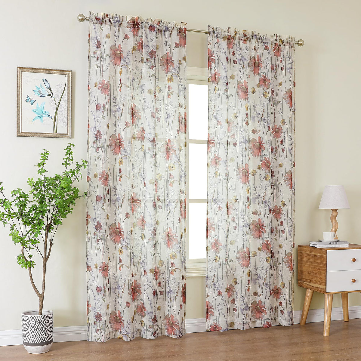 OWENIE Crushed Sheer Curtains 84 Inch Length 2 Panels Set, Sheer Floral Curtains Printed Drapes on Sheers for Living Room, Rod Pocket Light Filtering Window Sheers (2 Panels, 42" x 84")