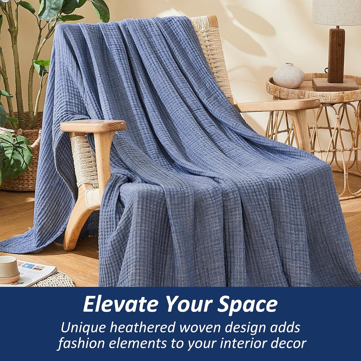 EMME Muslin Cotton Blanket Adults Heather Navy Throw XL 50"x70"