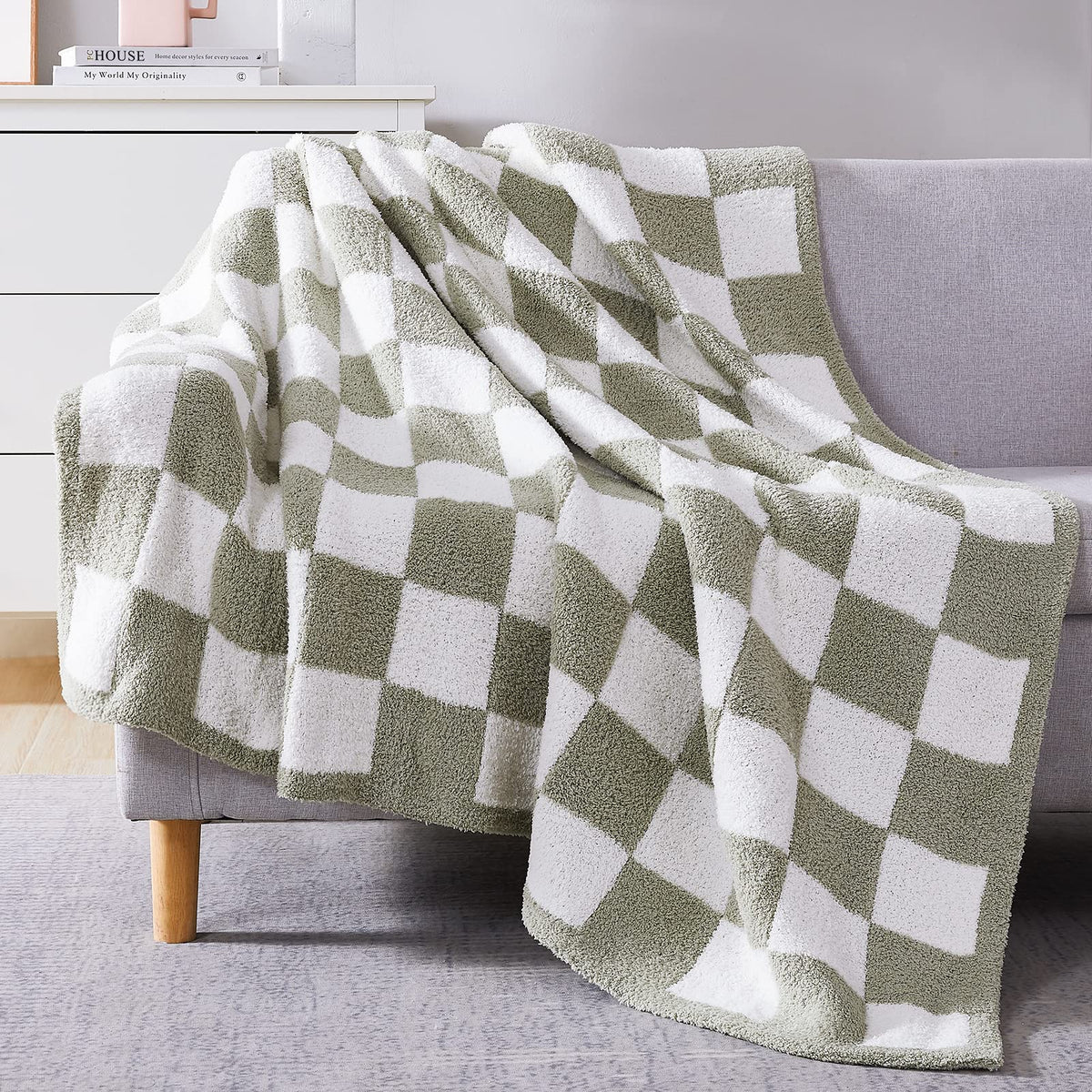 WRENSONGE Soft Checkered Throw Blanket for Couch-Cozy Warm Knitted Blankets