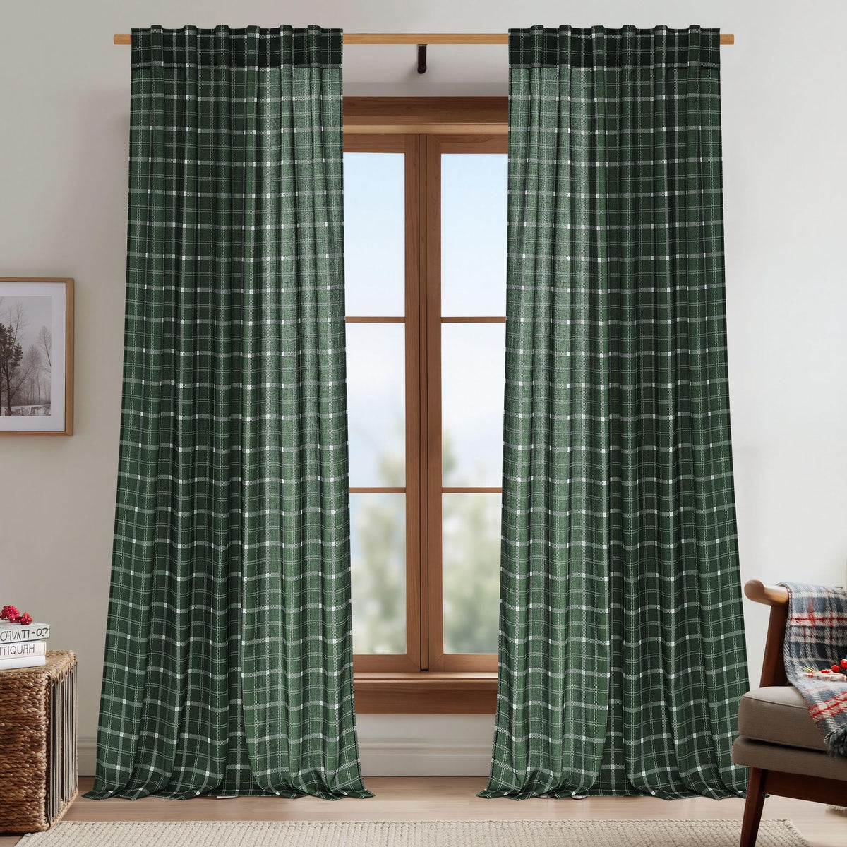 NICETOWN Moss Green Linen Plaid Curtains 96 inches Long for Bedroom
