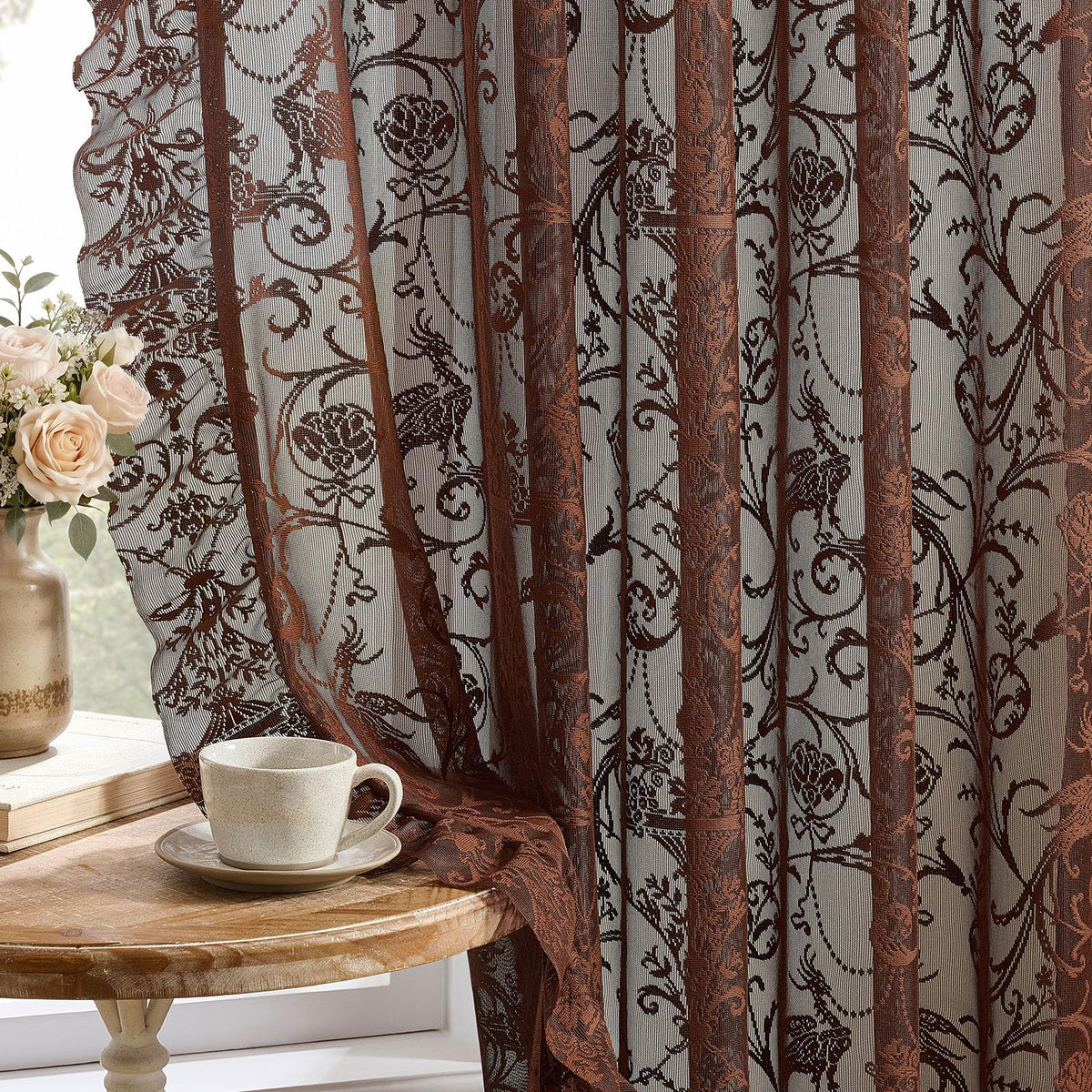 TUDECO Lace Maroon Curtains 96 Inches Long 1 Pair - French Floral Sheer Burgundy Curtains for Living Room, Art Decor Rod Pocket Ruffled Edges Dark Wine Red Drapes, 59 x 96 Inch, Burgundy