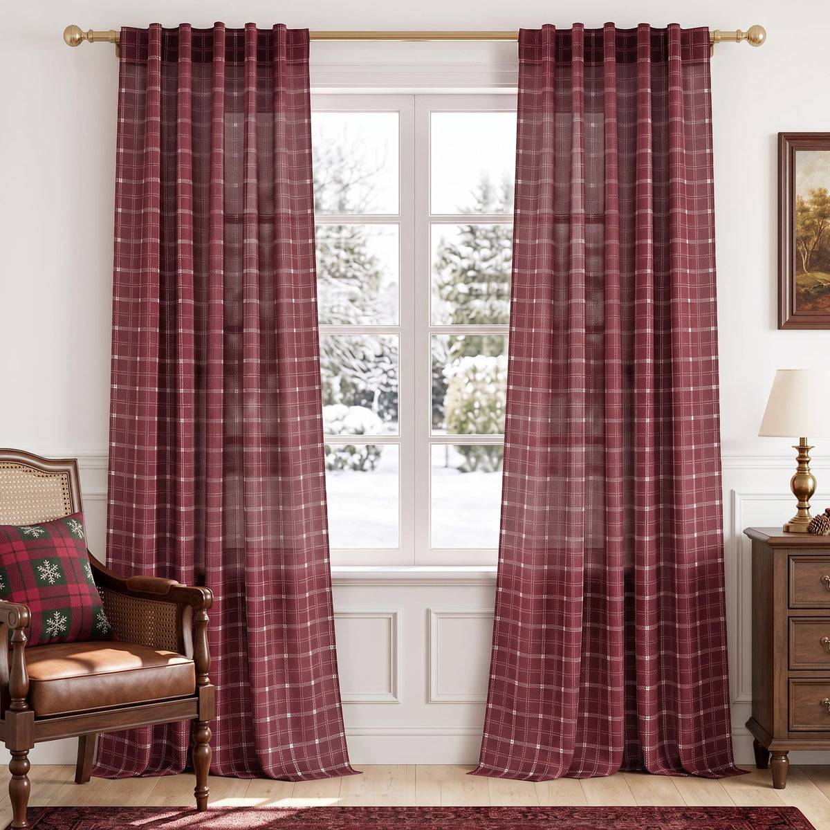NICETOWN Moss Green Linen Plaid Curtains 96 inches Long for Bedroom