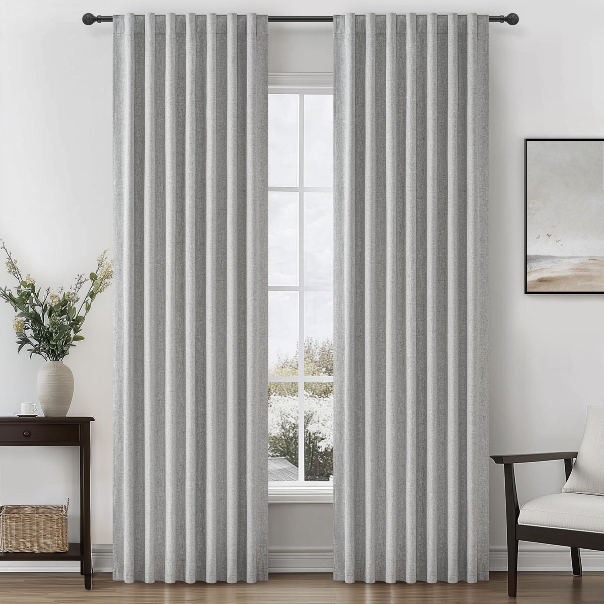 100% Blackout Curtains 84 Inch Length 2 Panels Set Farmhouse Style for Bedroom Windows/Living Room Thermal Insulated Neutral Boho Drapes Linen Blend Natural Ivory 7ft Long Hook Belt Pleated/Back Tab