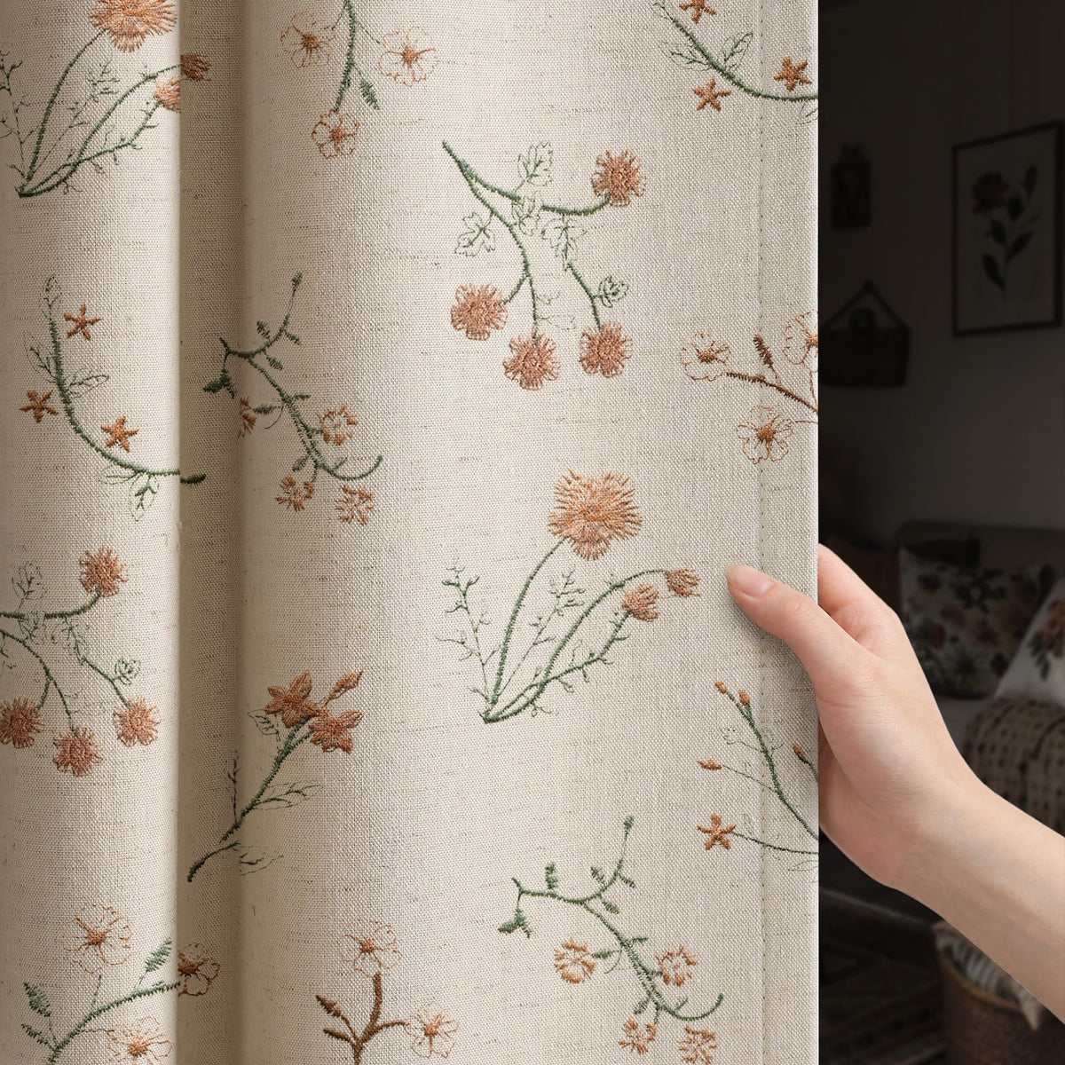 Boho Floral 100% Blackout Curtains 84 Inch 2 Panels Linen Texture