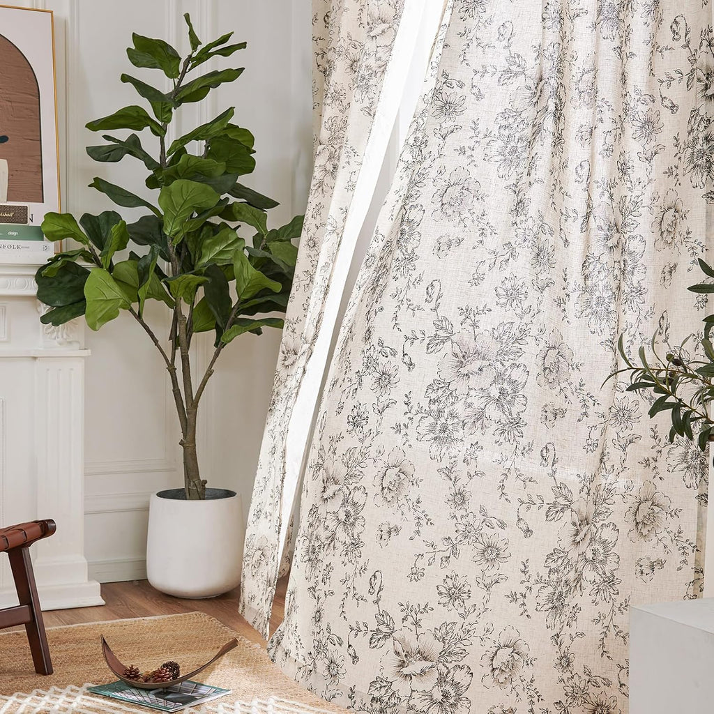jinchan Vintage Floral Linen Curtains 84 Long for Living Room 2 Panels