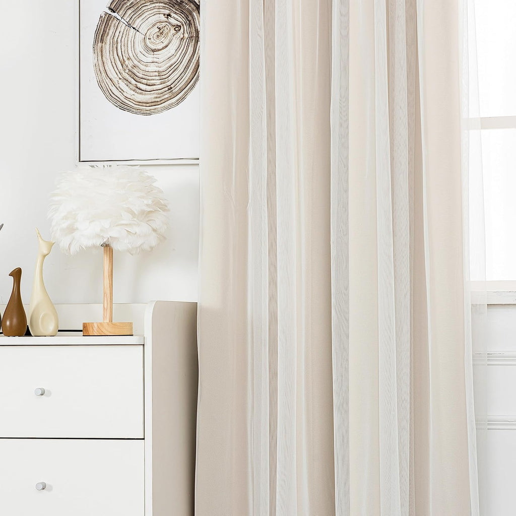 INLINAS Blackout Curtains with Sheer Overlay, Beige, 52x84 Inches