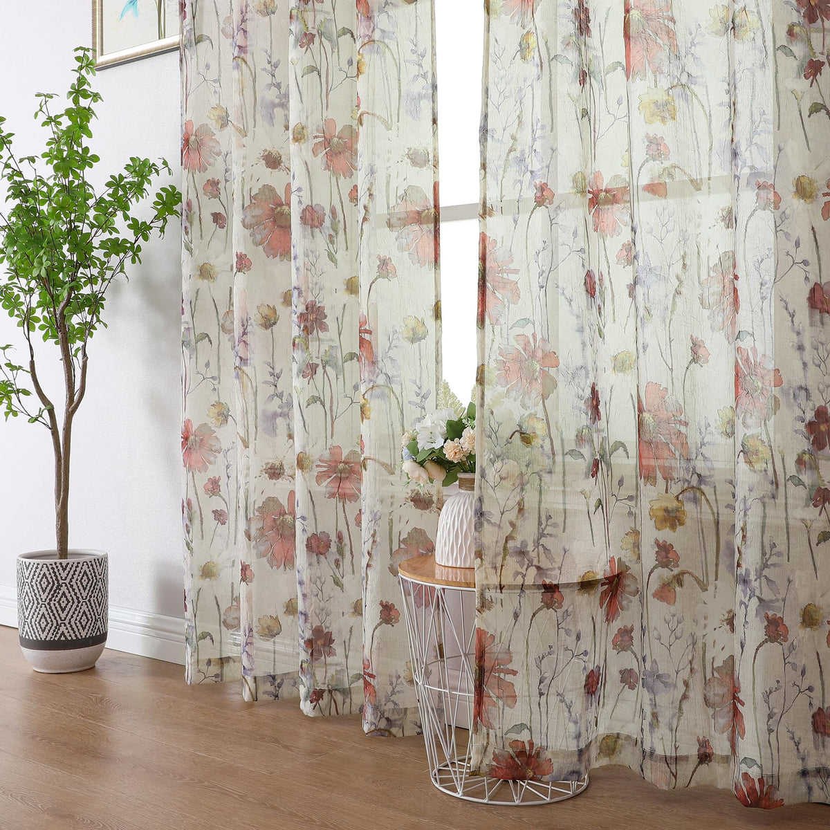OWENIE Crushed Sheer Curtains 84 Inch Length 2 Panels Set, Sheer Floral Curtains Printed Drapes on Sheers for Living Room, Rod Pocket Light Filtering Window Sheers (2 Panels, 42" x 84")