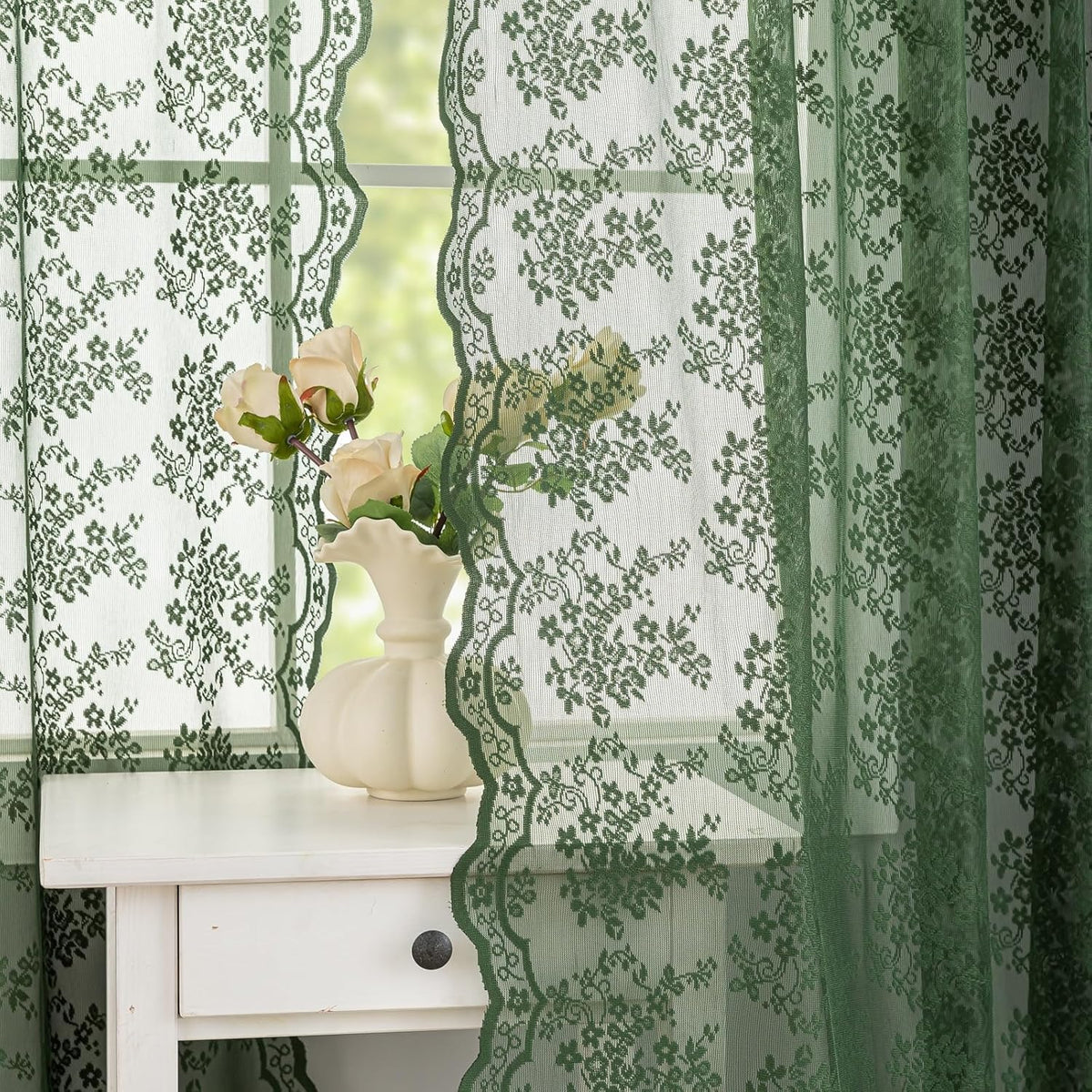 YJ YANJUN Vintage Lace Curtains 84 Inches Long-Victorian Floral Pattern Ivory Sheer Curtain Panels for Living Room Bedroom French Door, Light Filtering Drapes, 2 Panels 52W x 84L Cream