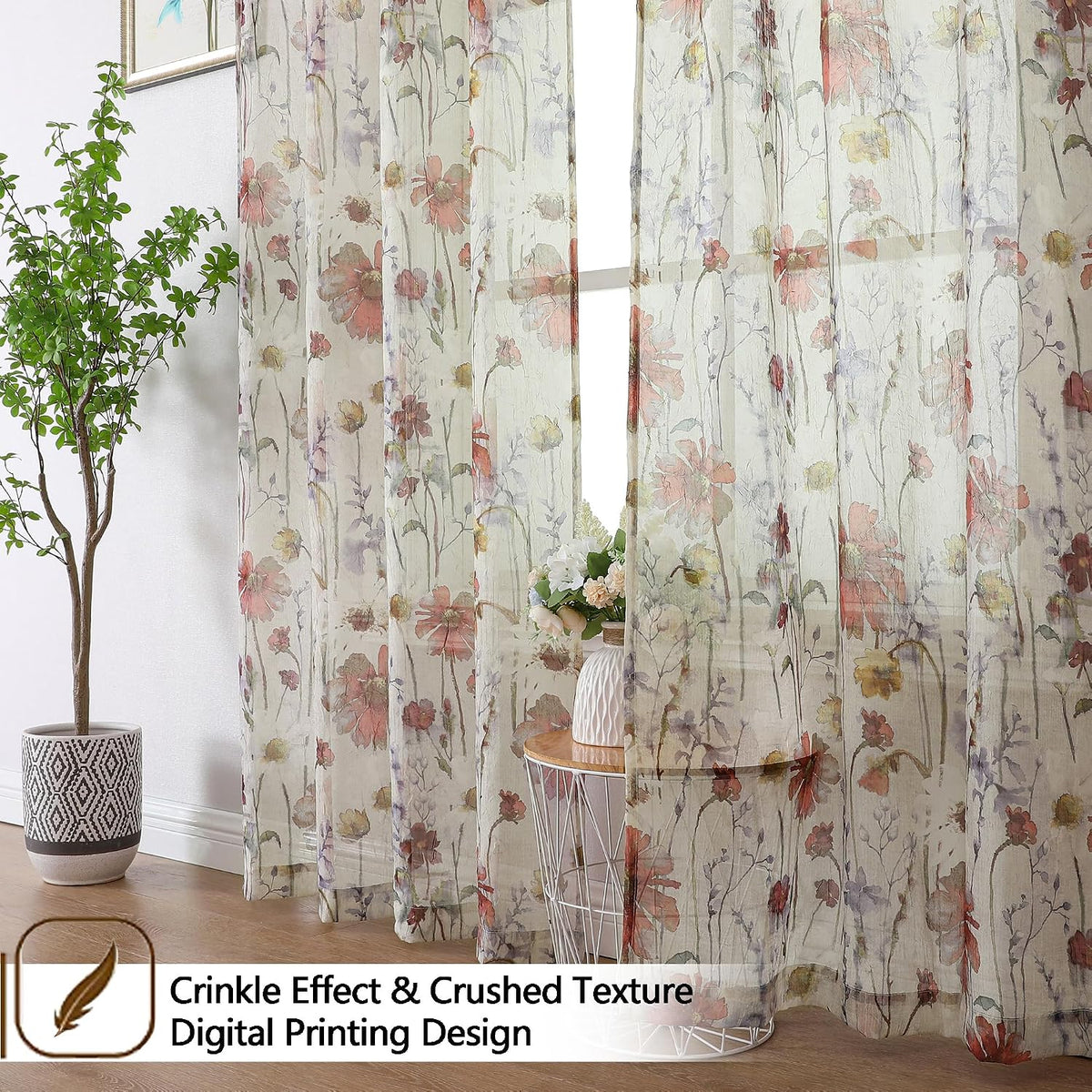 OWENIE Crushed Sheer Curtains 84 Inch Length 2 Panels Set, Sheer Floral Curtains Printed Drapes on Sheers for Living Room, Rod Pocket Light Filtering Window Sheers (2 Panels, 42" x 84")