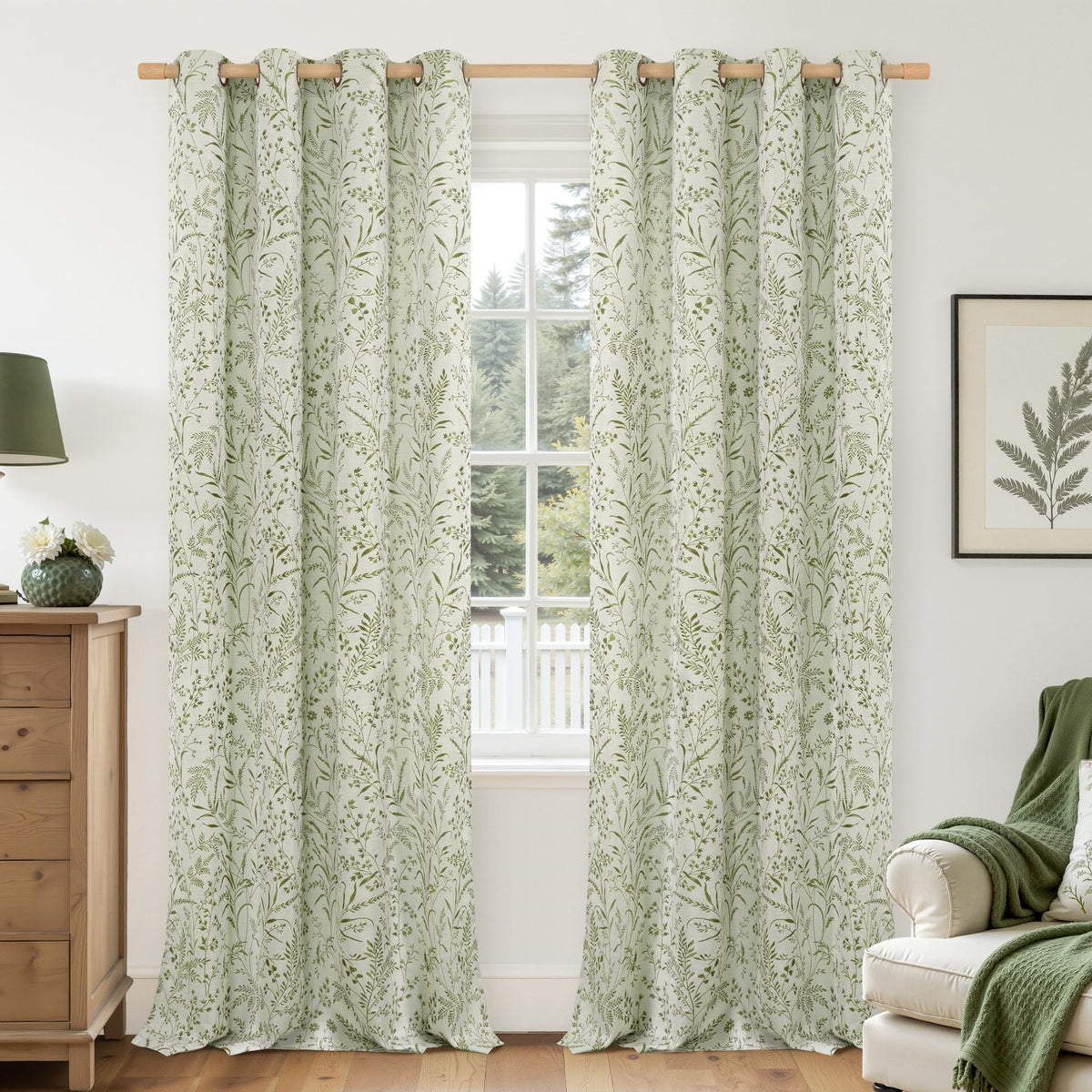 BGment Green Leaf Linen Curtains for Living Room 84 Inch Length 2 Panels
