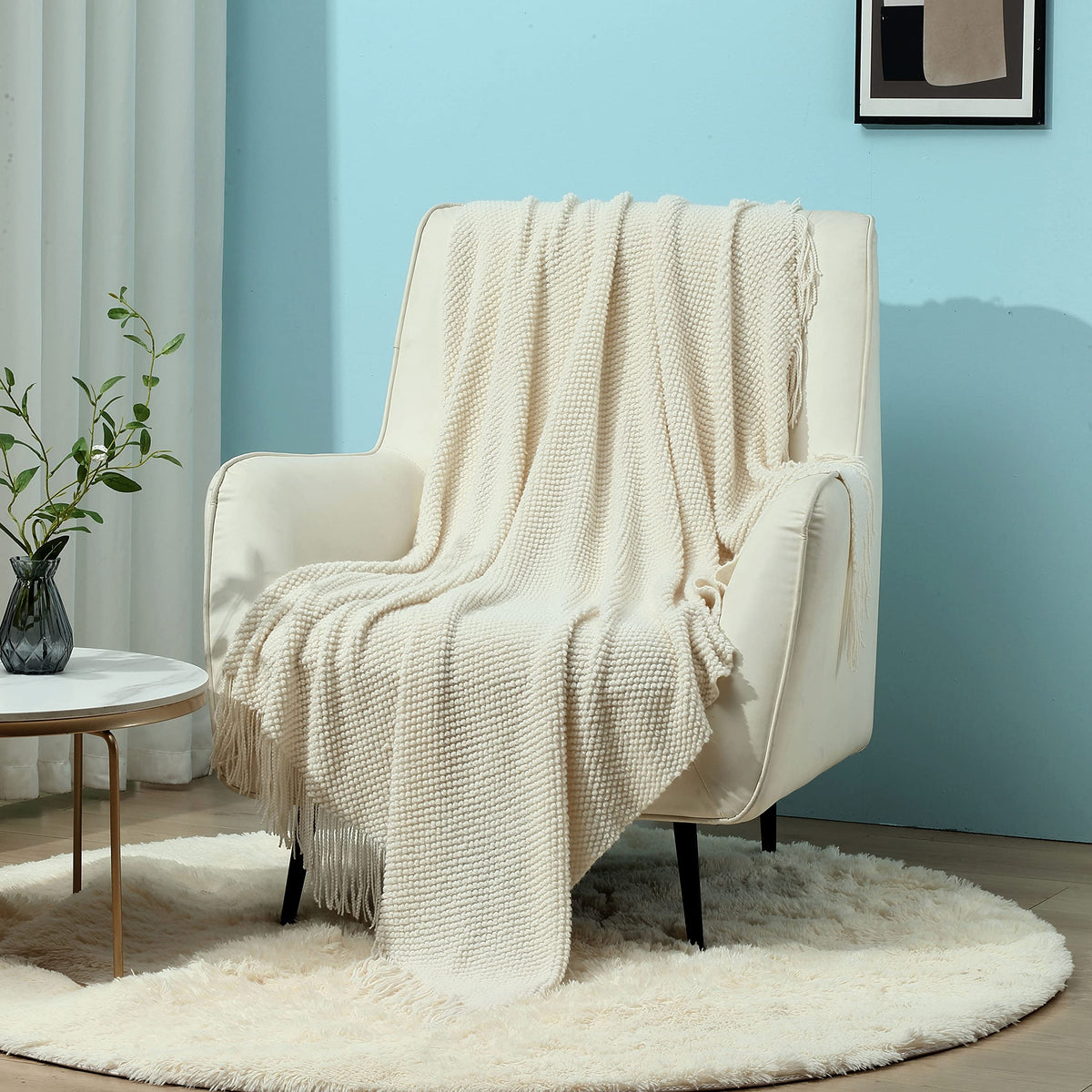 CREVENT Farmhouse Boho Knitted Throw Blanket for Couch Sofa Chair Bed Home Decoration, Soft Warm Cozy Light Weight for Spring Summer Fall (50''X60'' Off White/Ivory/Cream)
