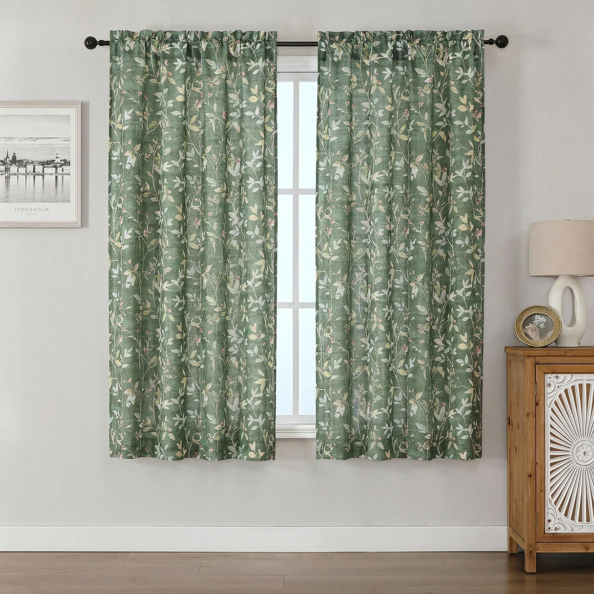 Chyhomenyc Roman Linen Blend Curtains 45 Inch Length 2 Panels, Light Filtering Soft Airy Leaf Floral Printed Rod Pocket Textured Window Treatment Drapes for Living Room Bedroom, 38Wx45L Inch, 2 PCS