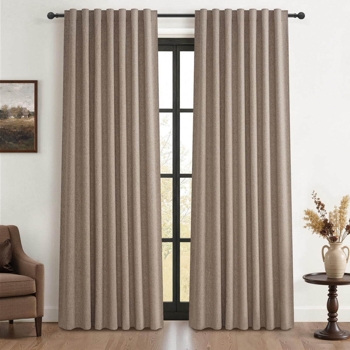 100% Blackout Curtains 84 Inch Length 2 Panels Set Farmhouse Style for Bedroom Windows/Living Room Thermal Insulated Neutral Boho Drapes Linen Blend Natural Ivory 7ft Long Hook Belt Pleated/Back Tab