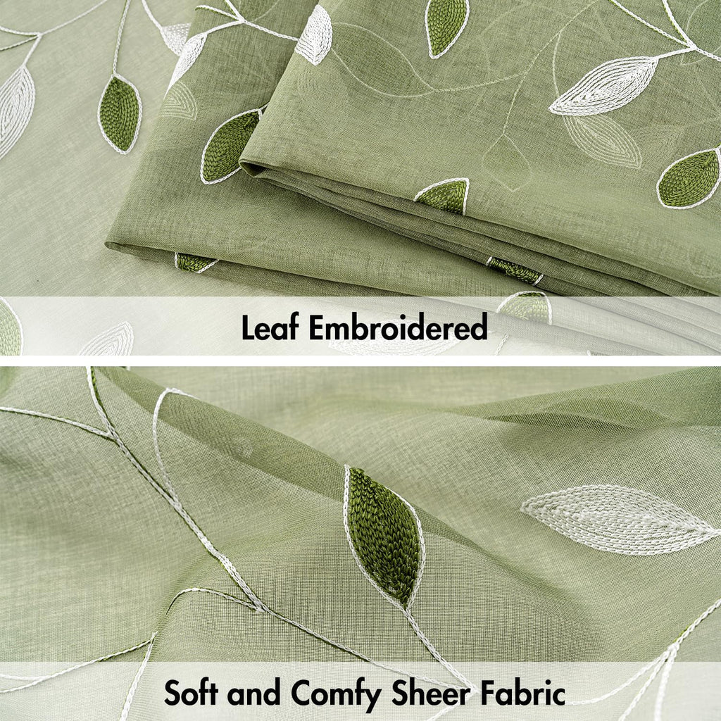 MIULEE Sage Green Sheer Curtains 2 Panels Leaf Patterned, W52 x L84