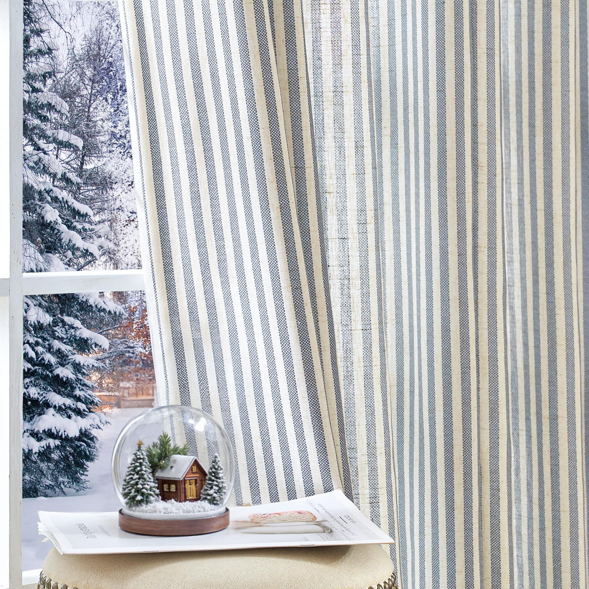 jinchan Linen Curtains 84 Inch Taupe Grey Stripe on Beige Grommet 2 Panels