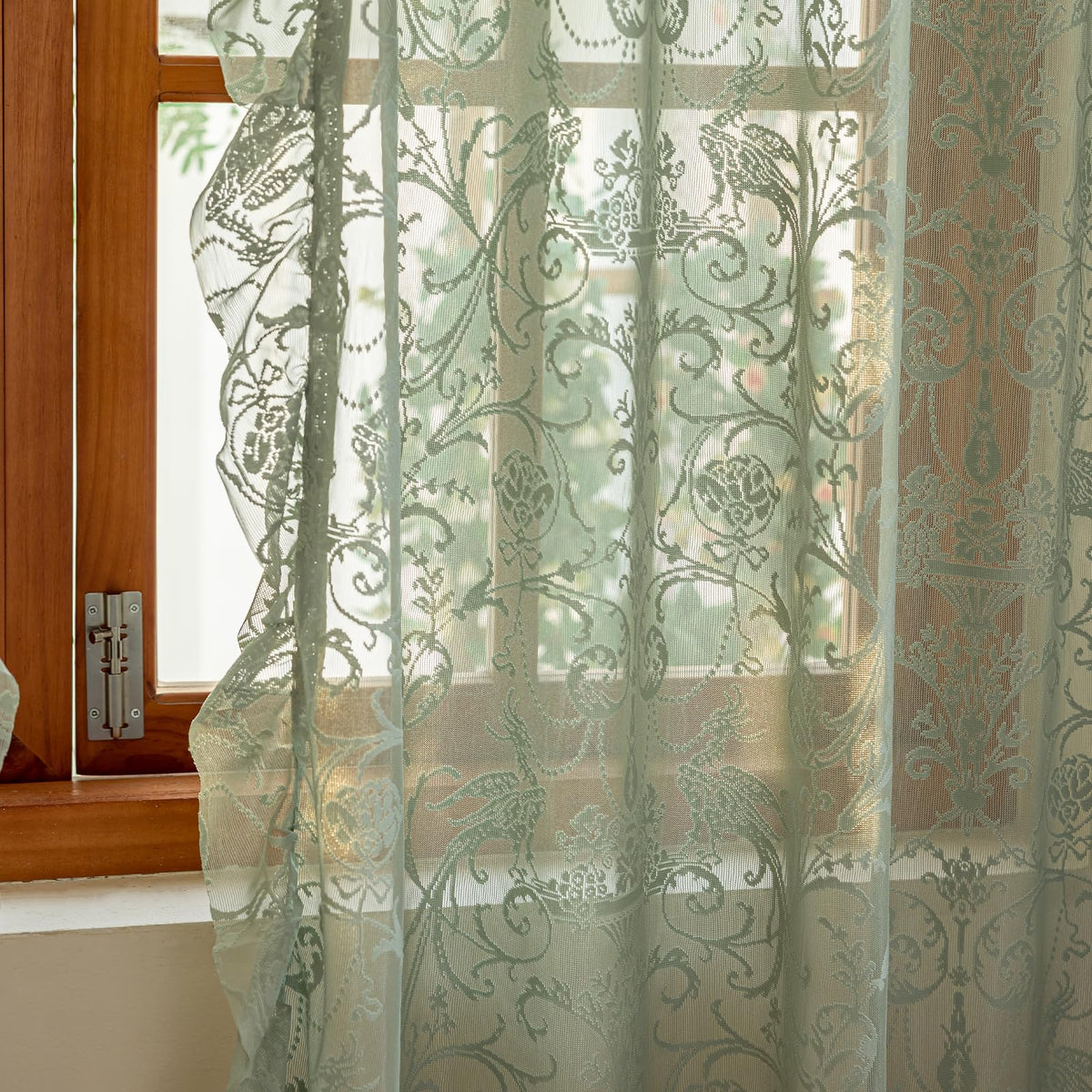 TUDECO Lace Maroon Curtains 96 Inches Long 1 Pair - French Floral Sheer Burgundy Curtains for Living Room, Art Decor Rod Pocket Ruffled Edges Dark Wine Red Drapes, 59 x 96 Inch, Burgundy