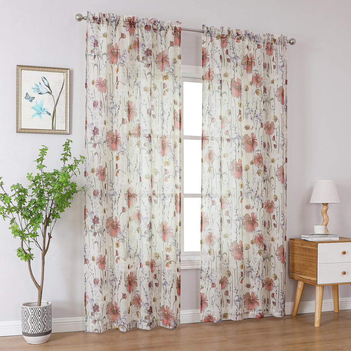 OWENIE Crushed Sheer Curtains 84 Inch Length 2 Panels Set, Sheer Floral Curtains Printed Drapes on Sheers for Living Room, Rod Pocket Light Filtering Window Sheers (2 Panels, 42" x 84")