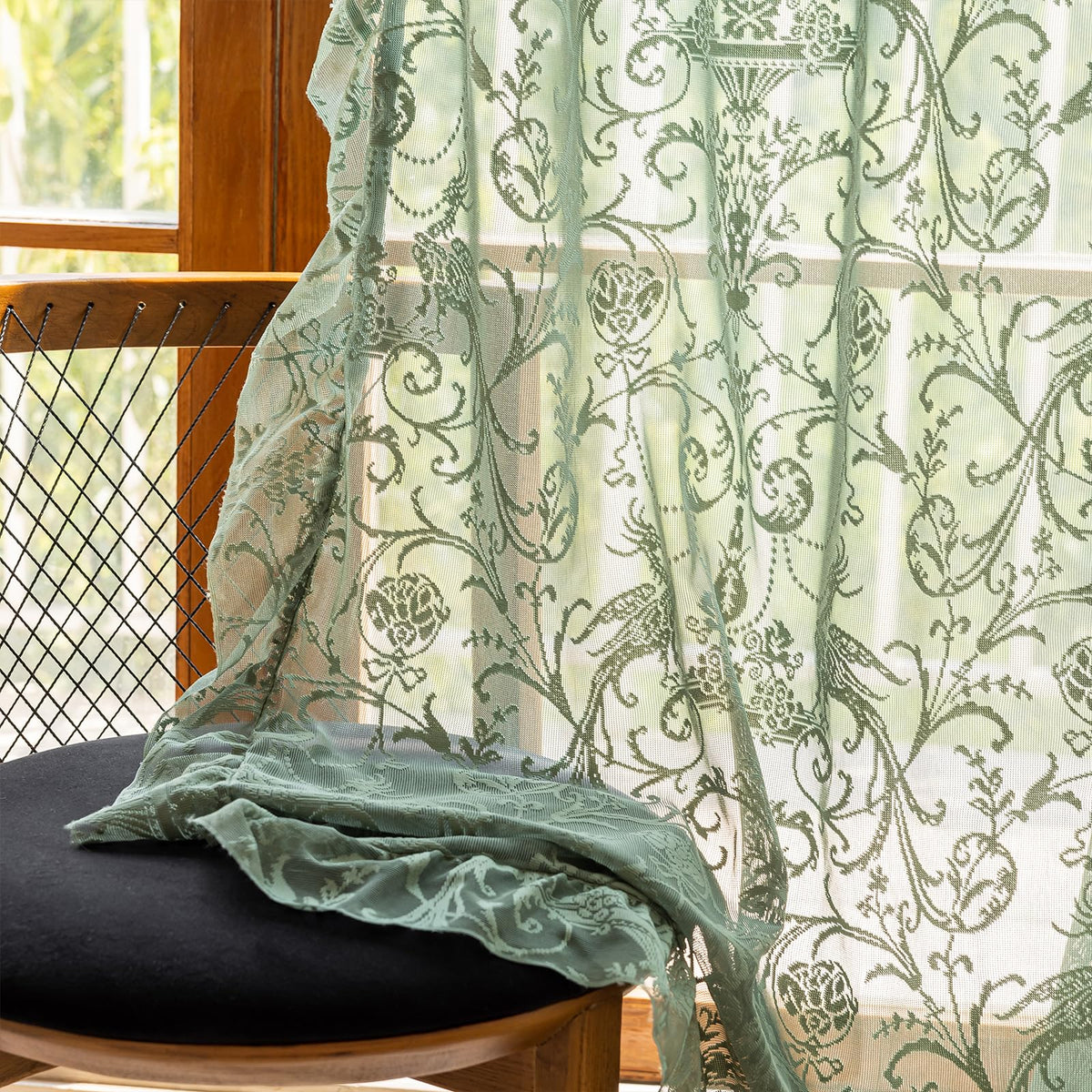 TUDECO Lace Maroon Curtains 96 Inches Long 1 Pair - French Floral Sheer Burgundy Curtains for Living Room, Art Decor Rod Pocket Ruffled Edges Dark Wine Red Drapes, 59 x 96 Inch, Burgundy