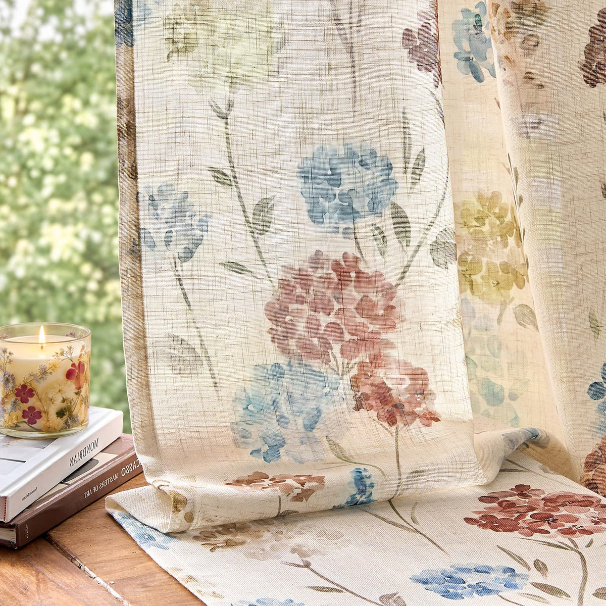 jinchan Beige Floral Linen Curtains 84 Inch Farmhouse Back Tab 2 Panels