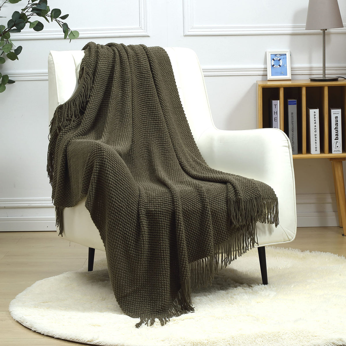 CREVENT Farmhouse Boho Knitted Throw Blanket for Couch Sofa Chair Bed Home Decoration, Soft Warm Cozy Light Weight for Spring Summer Fall (50''X60'' Off White/Ivory/Cream)