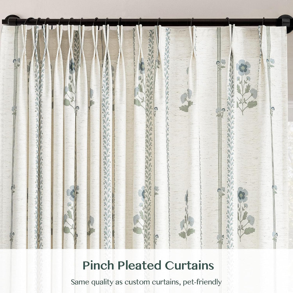 Pinch Pleated Curtains for Living Room Bedroom Dining Room - 84 Inches Light Filtering Floral Curtains Luxury Linen Drapes Farmhouse Window Curtains with Hooks - 2 Panels Set, 40" W x 84" L