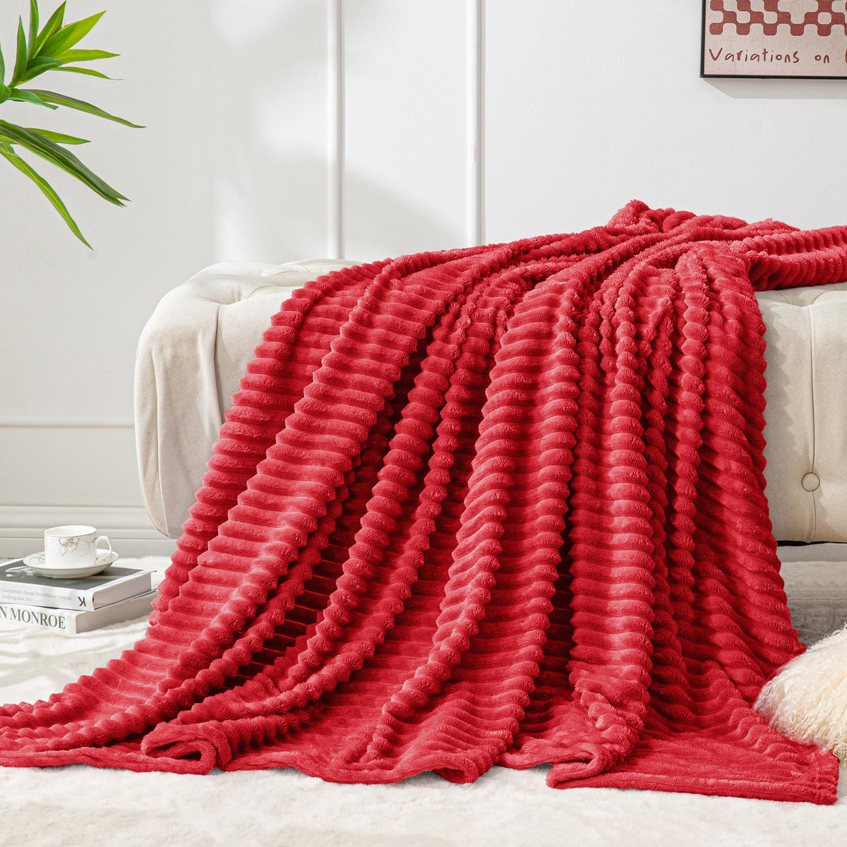 BEDELITE 3D Ribbed Jacquard Pink Fleece Throw Blanket for Couch, 50x60 Inch