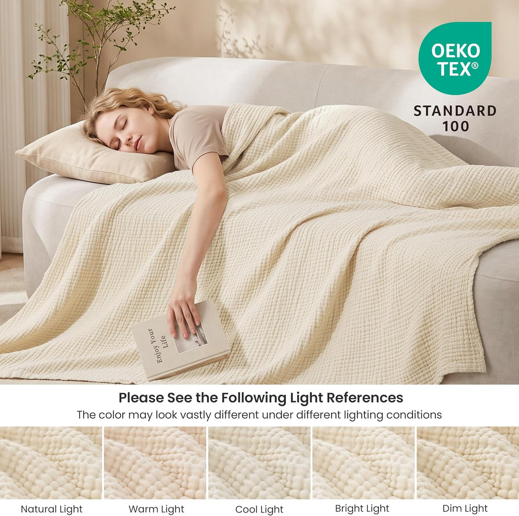 Love's cabin 100% Cotton Muslin Blanket, 6 Layer Lightweight Breathable Gauze Throw Blanket 50 x 60 Inches, Soft All Season Blanket for Couch, Bed, Sofa, Beige